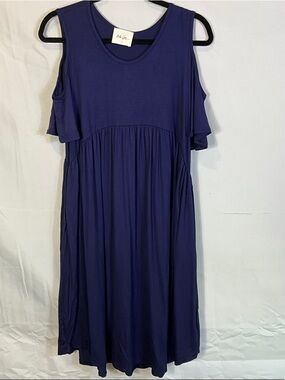 Anthropologie Ella Mara Blue Cold Shoulder Midi Dress With Pockets Size Large